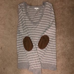 gray striped sweater with brown elbow patches